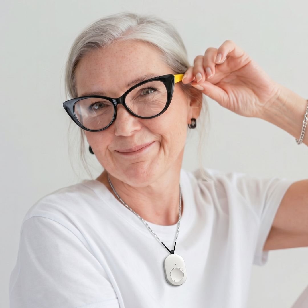 Senior woman smiling at home, wearing a GuardianAlert medical alert device